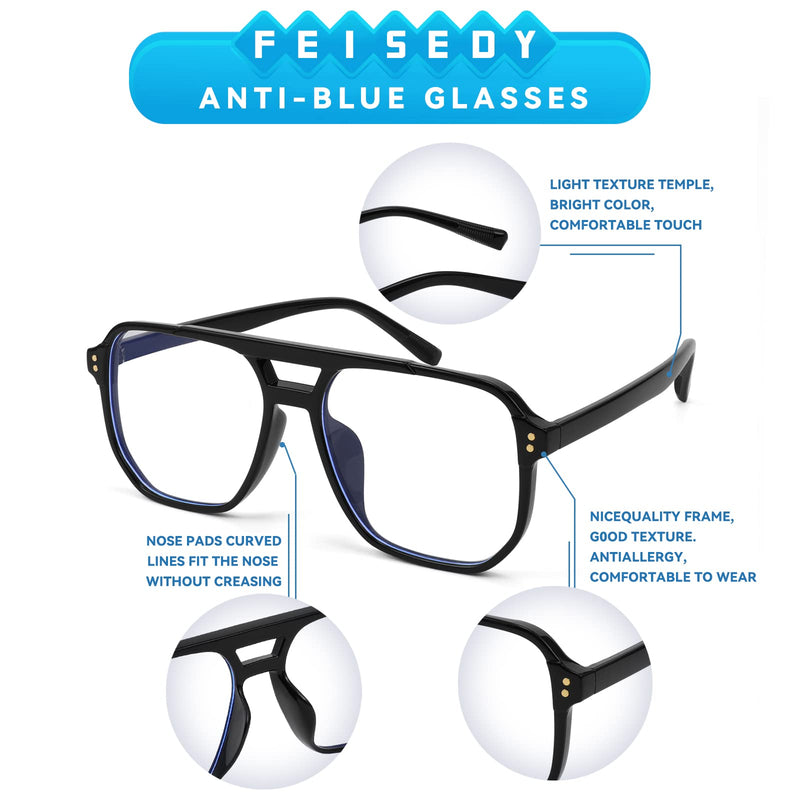 FEISEDY Blue Light Blocking Glasses Fake Nerd Clear Square Computer Lightweight Aviator Glasses Frame Oversized B2866 Black Frame 54 Millimeters