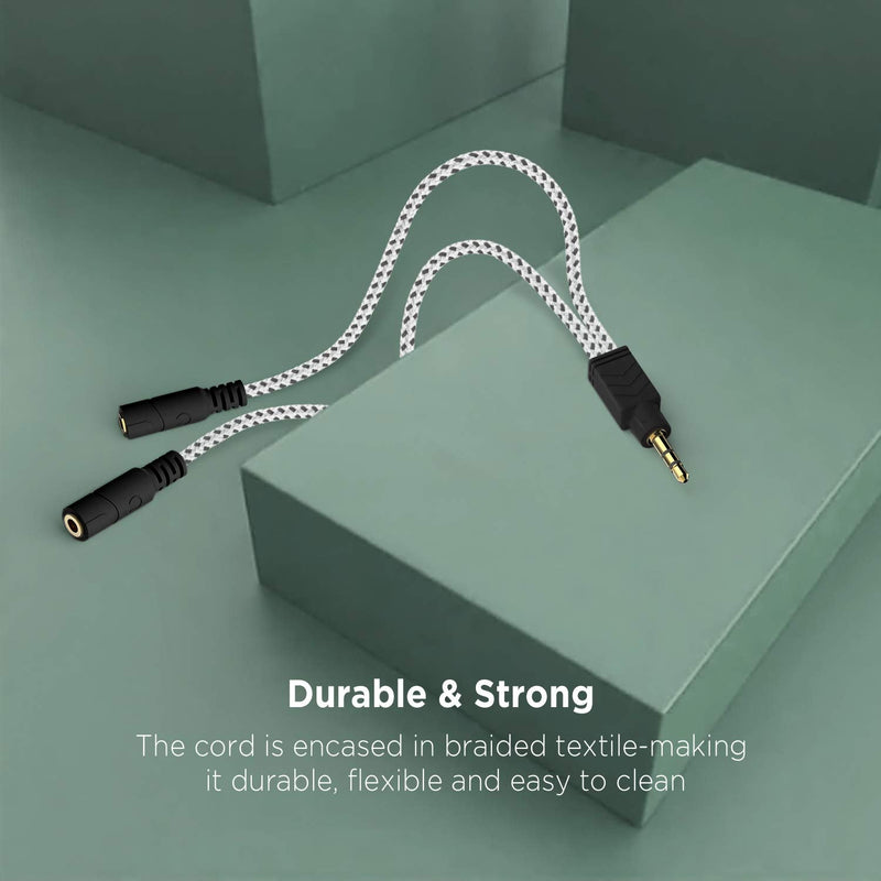 Headphone Splitter, DUKABEL Knitted 3.5mm Audio Splitter TRS 3-Pole Aux Splitter Cable for Headphones Earphones Speakers -Zebra White 9.8 inch / 25 cm Zebra White