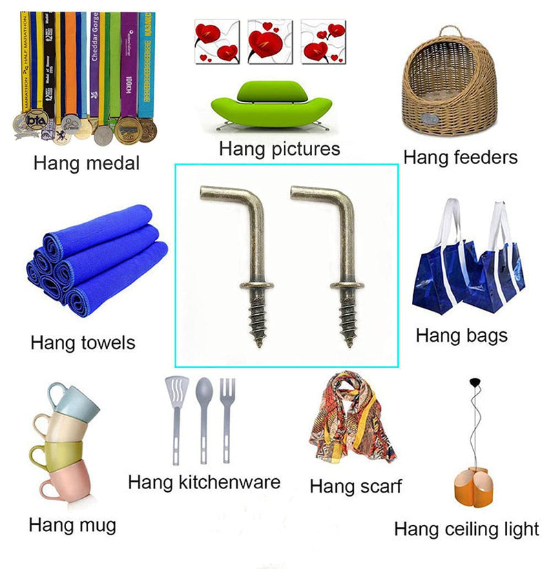 IDEALSV 1/2" Small Antique Brass Screw in Hooks L Shape Hooks Vintage Bronze 1 Shape Right Angle Hooks 7 Shape Medal Screw Hooks (100Pack)