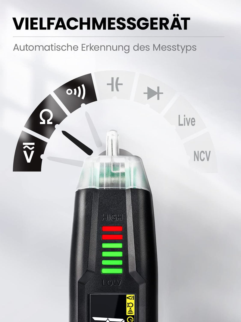 Smart multimeter digital/non-contact two-pole voltage tester, battery tester, continuity tester, phase tester, current tester, voltmeter, ammeter, rotating field measuring device for vehicles, household cars, KAIWEETS ST100