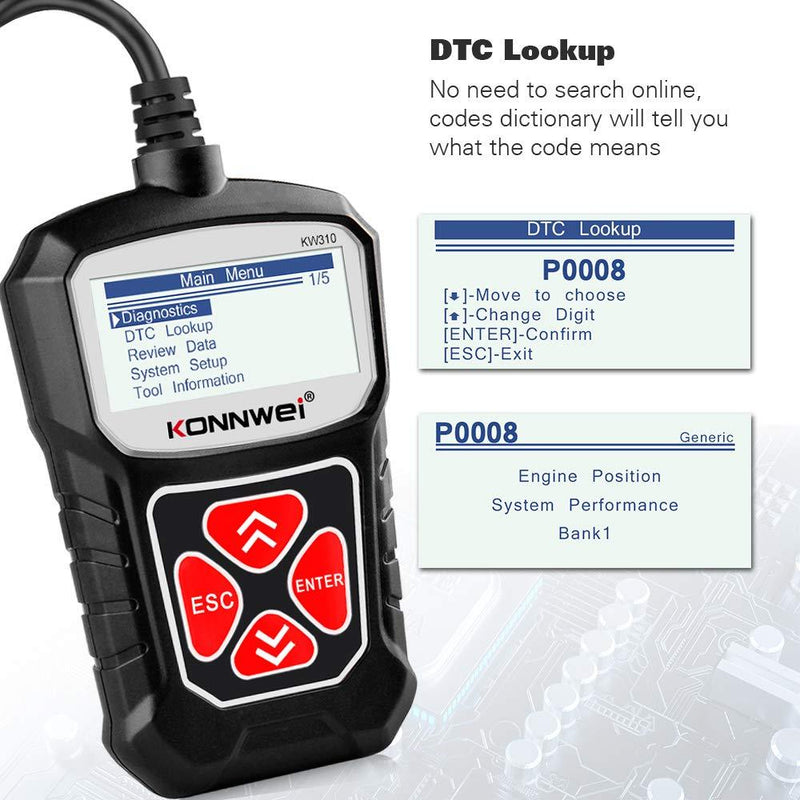 KONNWEI KW310 OBD2 Scanner Car Code Reader Full OBDII Functions 10 Modes Engine Diagnostic Scanner Tool for All 1996 and Newer Cars(Black) Black
