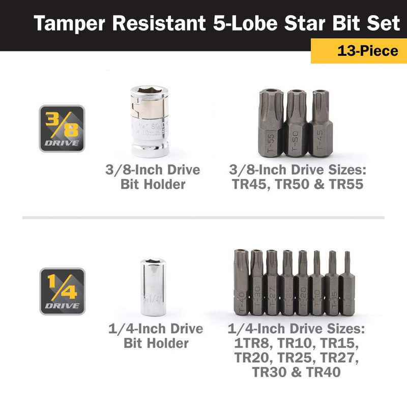 Titan 16137 13-Piece Tamper Resistant 5-Lobe Star Bit Set