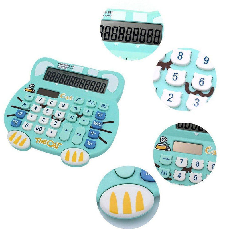 Loghot Adorable Creative 12 Digits Solar Dual Power Cartoon Cat Shape LCD Display Desktop Calculator with Big Screen White (Water Blue) Water Blue