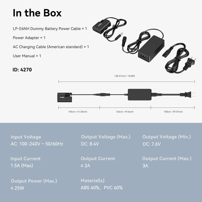 SmallRig LP-E6NH R5 Dummy Battery Power Supply Adapter Kit for Canon R5, R6, R7, R, R5 C, 5D II/III/IV, 6D, 6D II, 7D, 7D II, 60D, 60Da, 70D, 80D, 90D, XC10, XC15, 5DS, 5DS R Cameras - 4270