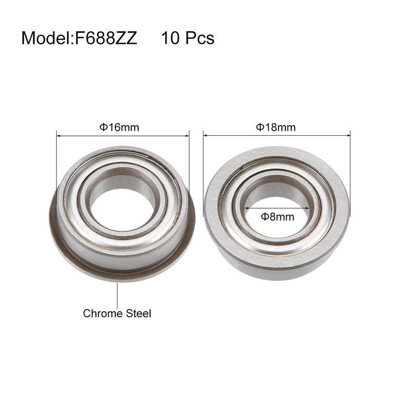 uxcell F688ZZ Flanged Ball Bearing 8x16x5mm Shielded Chrome Steel Bearings 10pcs