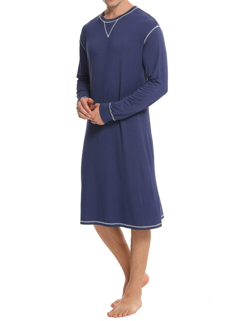 SWOMOG Men's Nightshirt Long Sleeve Crewneck Modal Nightgown Loose Comfy Sleep Shirt Small Navy Blue