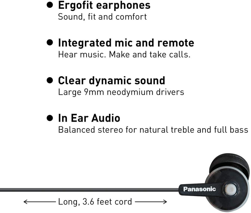 Panasonic ErgoFit Earbud Headphones with Microphone and Call Controller Compatible with iPhone, Android and Blackberry - RP-TCM125-K - In-Ear (Black), Earpads S/M/L Black With Mic