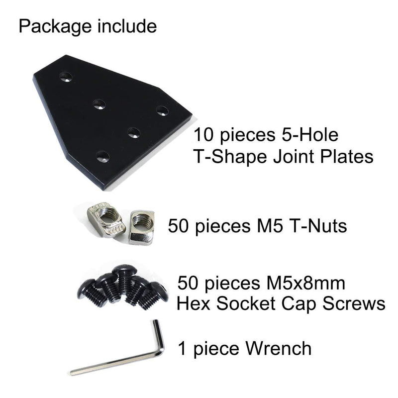 KOOTANS 10pcs 2020 Series Black 5 Hole T Shape Joint Plates with 50pcs M5 T Nuts + 50pcs M5x8mm Hex Socket Cap Screws + 1pcs Wrench, for Standard 6mm Slot Aluminum Profile 3D Printer Frame