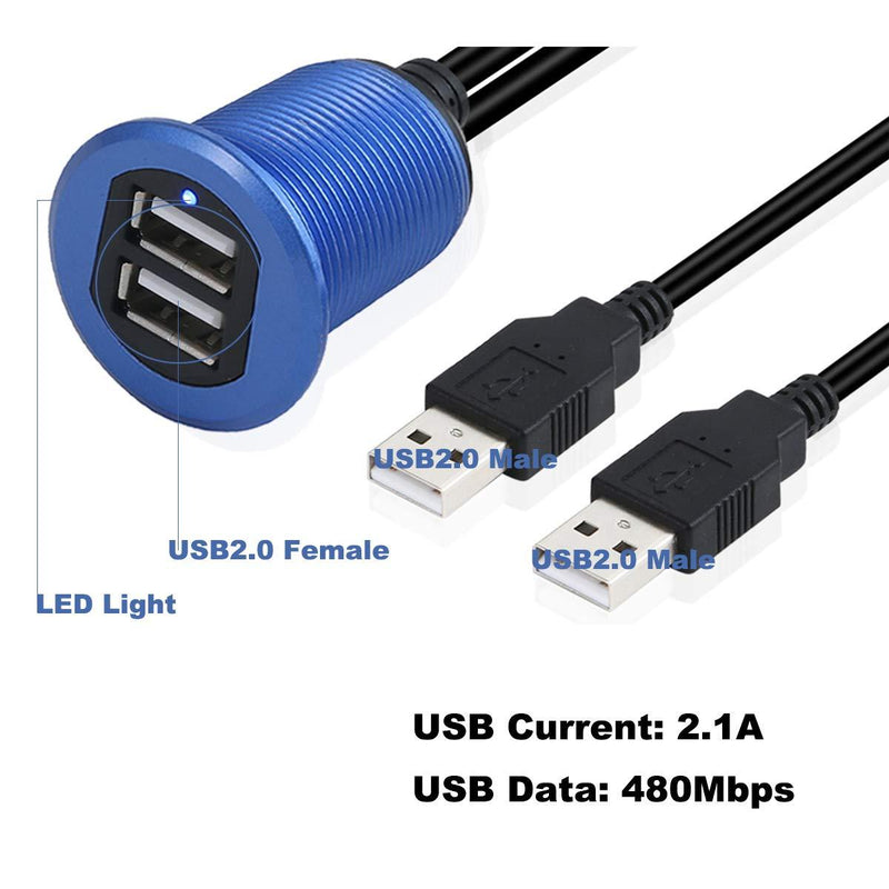 Kework Metal Dual USB 2.0 Ports Mount with Light, 3.3ft 2 Ports USB Male to 2 Ports Female Flush Mount Panel Mount Extension AUX Cable for Car Truck Boat Motorcycle Dashboard (Blue & 3.3ft) Blue & 3.3ft