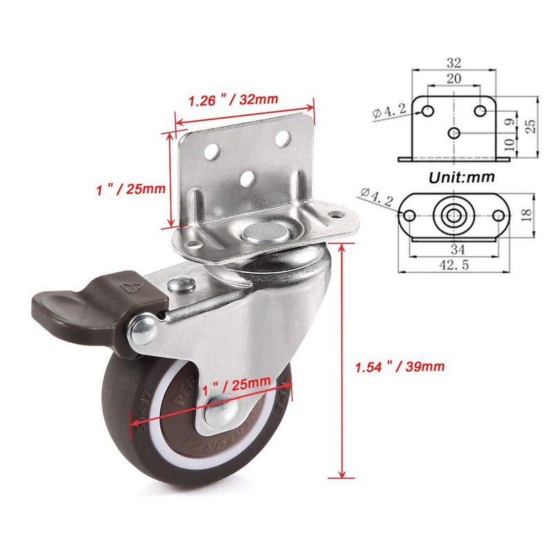 Skelang 1'' Swivel Plate TPE Caster, Low Profile L-Bracket Caster with Brake, Silent Caster Wheels Replacement for Crib, Table, Shelf, TV Stand, Loading Capacity 25 Lbs Per Wheel, Pack of 4