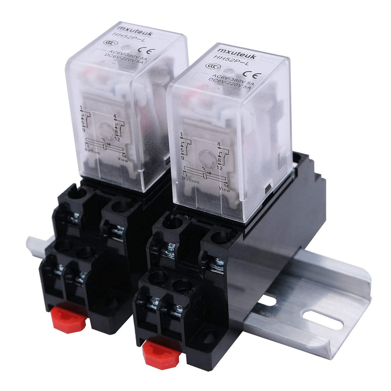 mxuteuk 2pcs HH52P AC 24V Coil 8 Pin 5A DPDT LED Indicator Electromagnetic Power Relay, with Base, with DIN Rail Slotted Aluminum 8Pin-5A