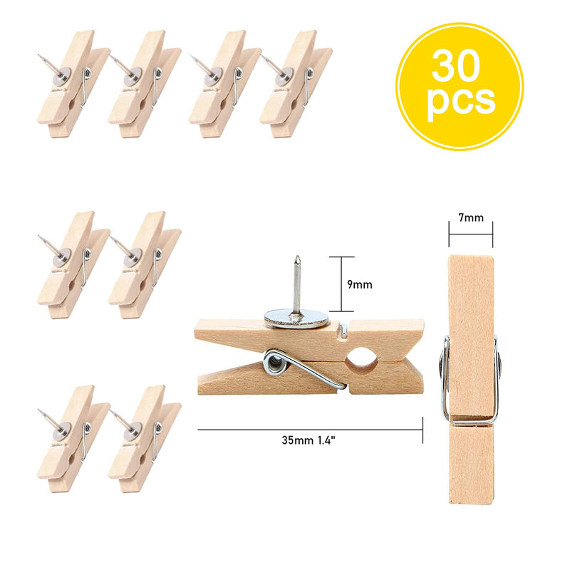 30pcs Push Pins with Wooden Clips Pushpins Tacks Thumbtacks for Bulletin Boards/Note Board/Cork Board Artworks Notes Photos Craft Offices and Homes