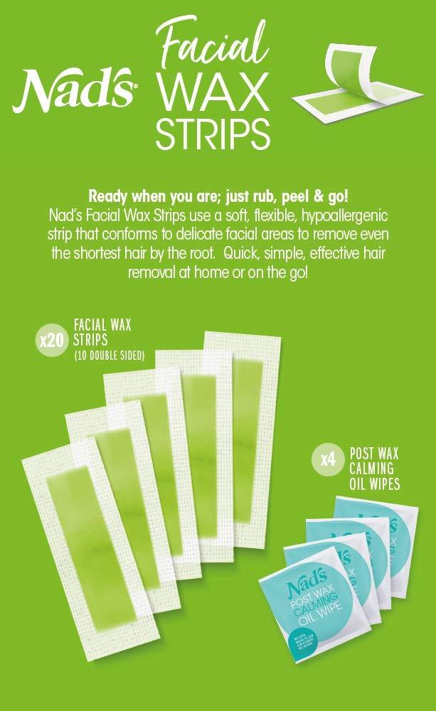 Nad's Facial Wax Strips - Hypoallergenic All Skin Types - Facial Hair Removal For Women - At Home Waxing Kit with 20 Face Wax Strips + 4 Calming Oil Wipes 1 Pack
