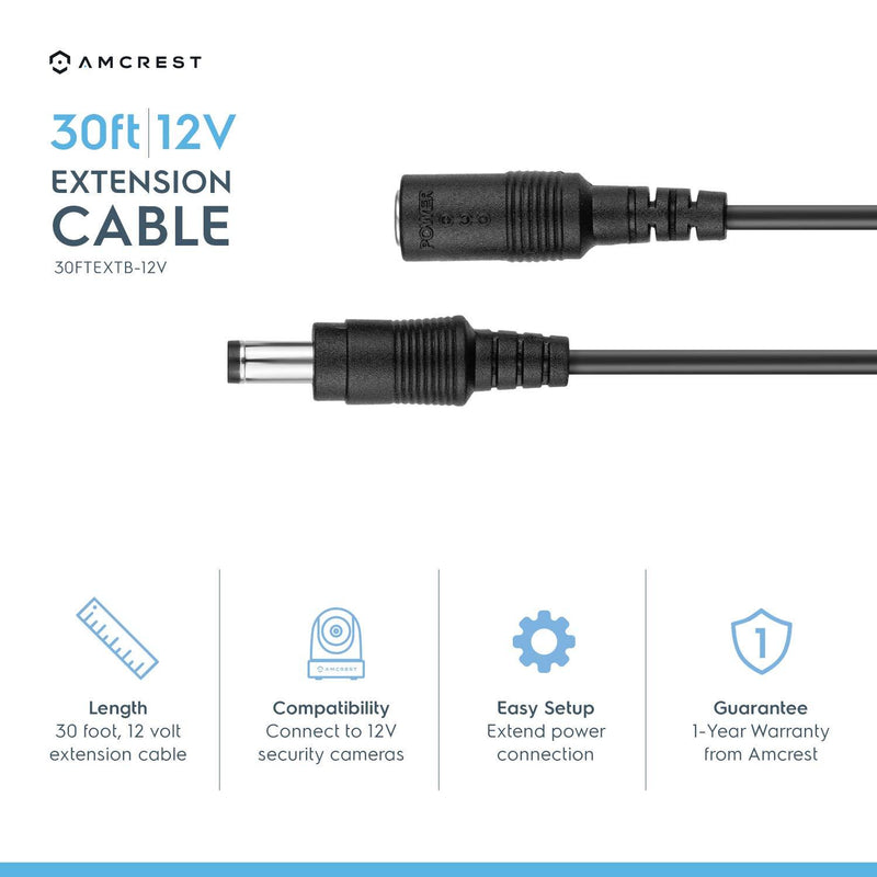 Amcrest Universal 12V DC Power Extension Cable (30ft) for Power Supply/Adapter/Outdoor Security Cameras, Compatible with All CCTV/IP Camera Brands, 5.5mm DC Plug, 30 Feet, Black (30FTEXTB-12V) 30FT Extension