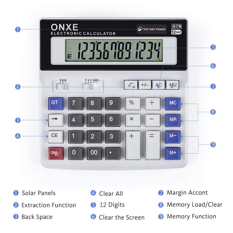 Calculator, ONXE Standard Function Scientific Electronics Desktop Calculators, Dual Power, Big Button 12 Digit Large LCD Display, Handheld for Daily and Basic Office (White)