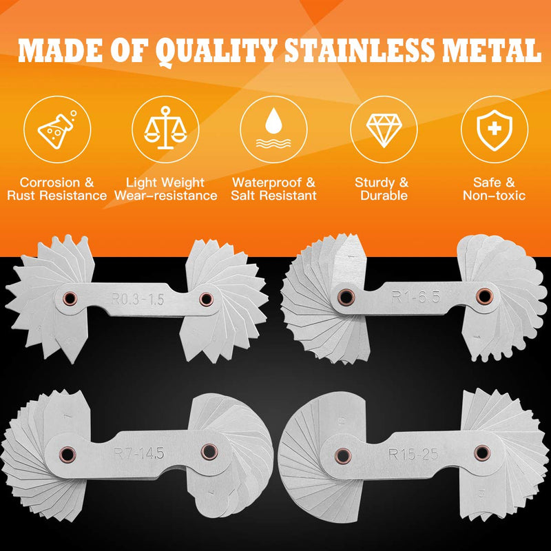 Rustark 4 Pcs Metric Radius Gauge Stainless Metal External and Internal Arc Fillet Concave Convex Measuring Tool Set Including R0.3-1.5/ R1-6.5/ R7-14.5/ R15-25