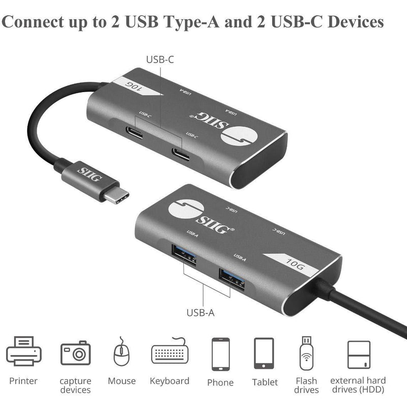 SIIG 4-Port USB 3.1 Gen 2 10G Hub - 2X USB-C & 2X USB-A Ports at Ultra High Speed Data Transfer Rates, Plug-n-Play for Windows and Mac Systems (JU-H40G11-S1)