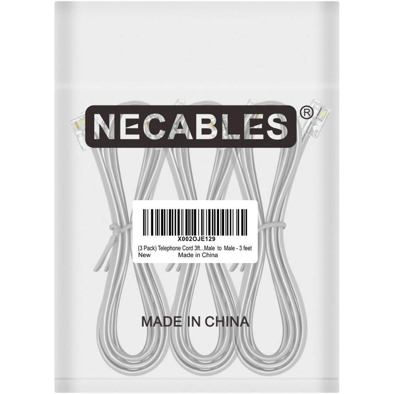 NECABLES (3 Pack) Phone Cord 3ft Telephone Cable RJ11 6P4C Male to Male for Landline and Fax - 3 Feet