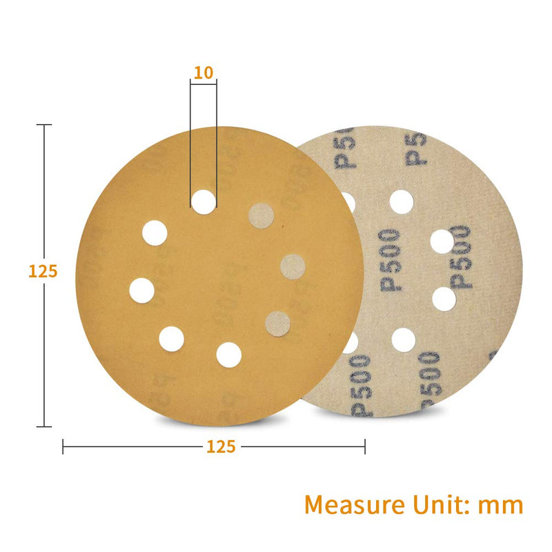 SPEEDWOX 100 Pcs 5 Inches 8 Hole Sanding Discs 500 Grit Dustless Hook and Loop Sandpaper for Random Orbital Sander Yellow Finishing Discs for Automotive Woodworking 500-Grit