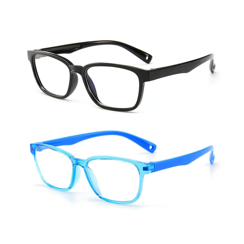 AHXLL Kids Blue Light Blocking Glasses 2 Pack, Anti Eyestrain & UV Protection, Computer Gaming TV Phone Glasses for Boys Girls Age 3-9 (Black+Transparent Blue) Black+transparent Blue