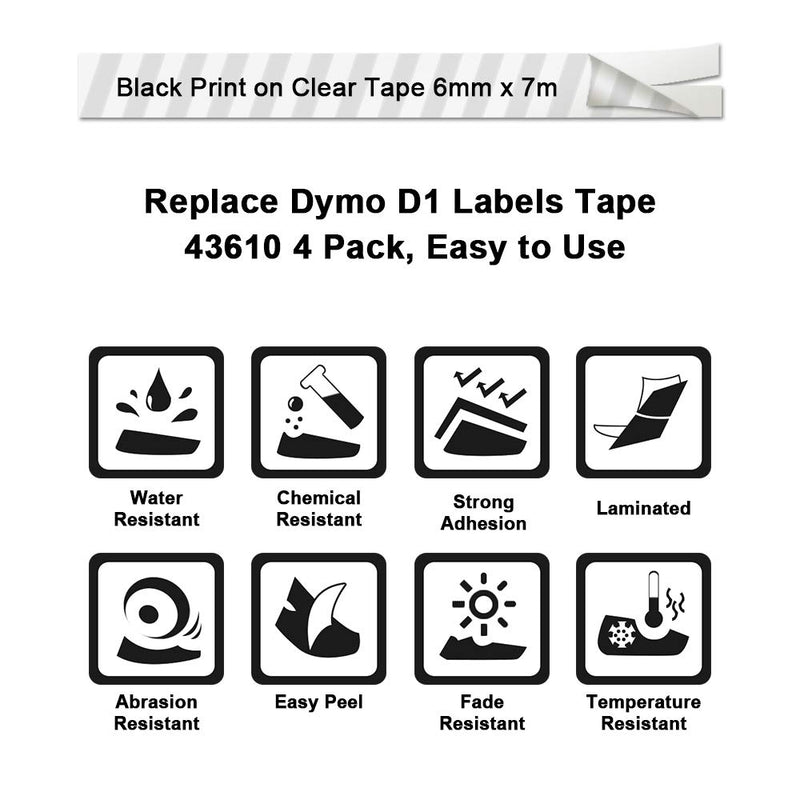 Freshworld Compatible Labeling Tape Replacement for Dymo D1 Label Tape Refill 6mm Black on Clear 43610,1/4 Inch x 23 Feet/7m, for Dymo LabelManager PnP 260P 210D 280 420 160 450D 360D Label Maker,5P