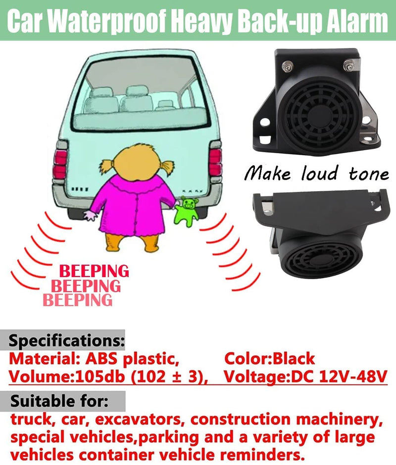 banhao Car Back-up Alarm, 107dB 12V-48V DC Waterproof Industrial Heavy-Duty Backup Reverse Warning Alarm with Super Loud Beeper Tone for Truck Van Freight Car Lorry Heavy Vehicles Square alarm horn