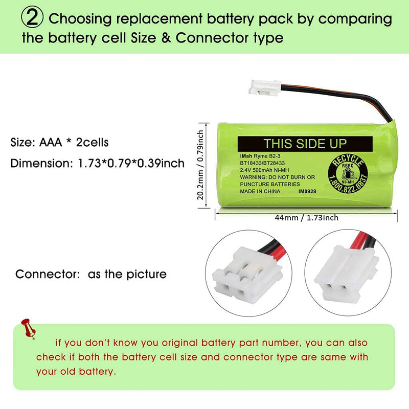 iMah BT18433/BT28433 2.4V 500mAh Ni-MH Cordless Phone Battery, Also Compatible with AT&T BT184342/BT284342 BT8300 BT1011 BT1018 BT1022 BT1031 2SN-AAA55H-S-J1 CS6120 CS6209 CL80109 EL52419, 2-Pack 2-Pack BT18433/BT28433 Batteries