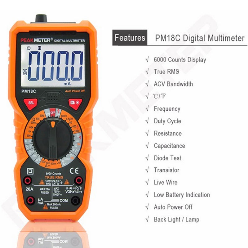 PEAKMETER PM18C Digital Multimeter DC AC Multimeter Voltage Current Tester Manual Range Backlight with 6000 Counts Orange Cover