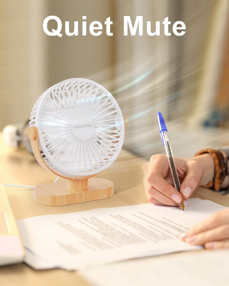 SWEETFULL 6.4 Inch USB Small Desk Fan, 3 Speeds Quiet Portable Desktop Table Fan, 360Â° Adjustment Personal Mini Fan for Home Office Car Outdoor Travel (White wood grain )