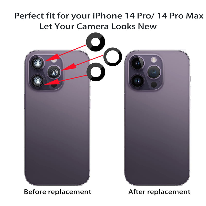 3pcs/Set Rear Back Camera Glass Lens Replacement for iPhone 14 Pro for iPhone 14 Pro Max Camera Glass Lens Covers Replacement with Adhesive Preinstalled + Replacement Repair Tool kit Set