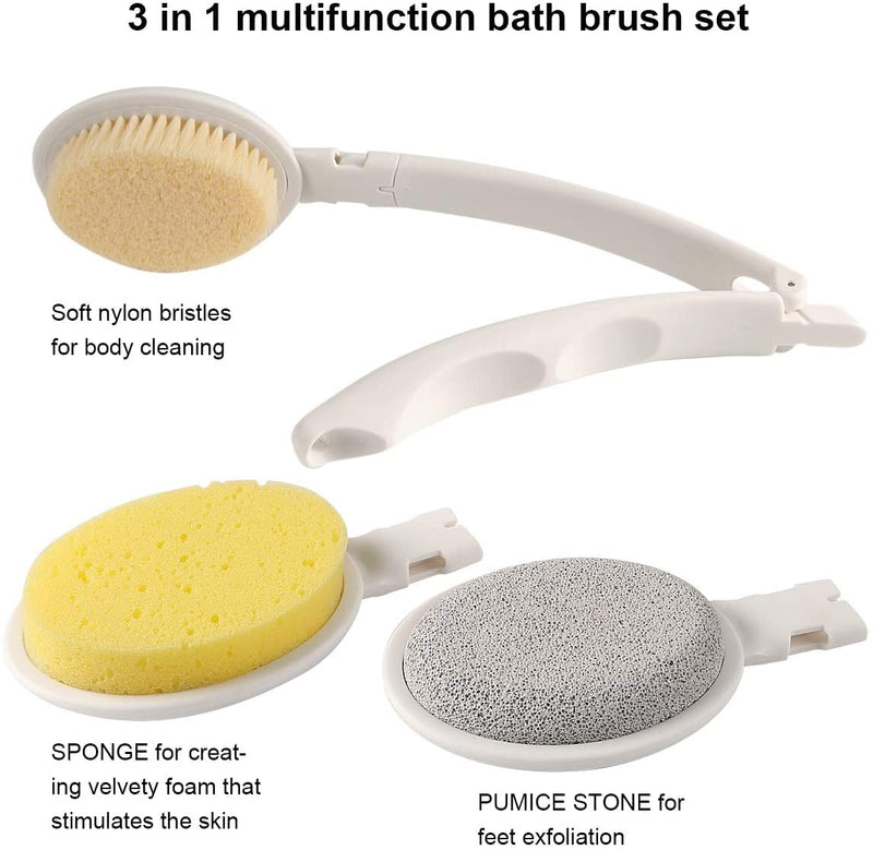 LFJ 3 in 1 Back Bath Brush Set for Shower, 19" Long Handle Body Brush, Bath Sponge and Pumice Gentle Exfoliation and Improved Skin Health, Suitable for Men and Women Nylon soft brush