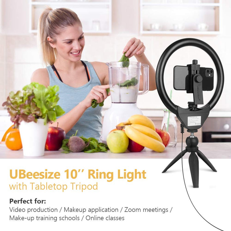 UBeesize 10" Selfie Ring Light with Tripod Stand & Cell Phone Holder, Dimmable Desktop LED Circle Light for Live Streaming/Makeup/YouTube/TIK Tok, Compatible with iOS and Android Phones