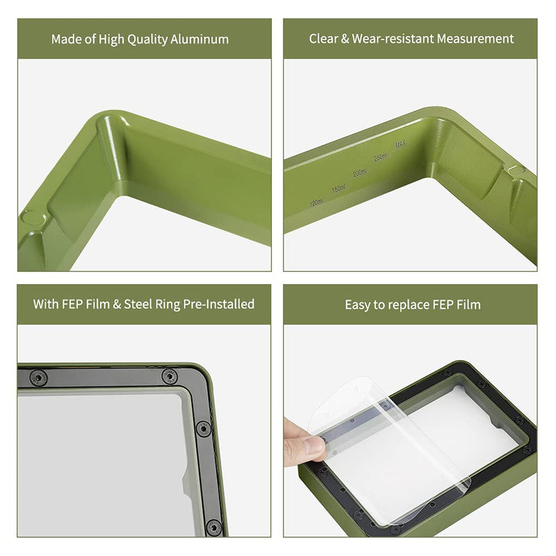 Sovol 3D Printer Resin Vat Aluminium with PTFE Coating, FEP Film and Steel Ring Preinstalled, Metal Frame Resin Tank with Double Silicone Covers for ELEGOO Mars ANYCUBIC Photon - Green Green 1 Pack