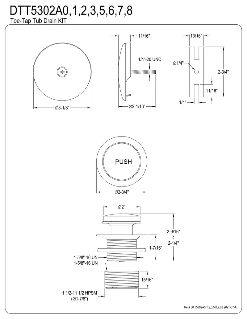 Kingston Brass DTT5302A3 Match Touch-Toe, Tub Drain Kit, Antique Brass