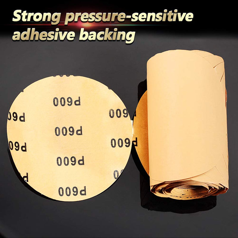 SPEEDWOX 100 Pcs Sanding Paper Discs Roll Pressure Sensitive Adhesive Discs 600 Grit 6 Inches C-Weight Sandpaper Aluminium Oxide Golden Yellow Sticky Backing Anti-Loading Coating