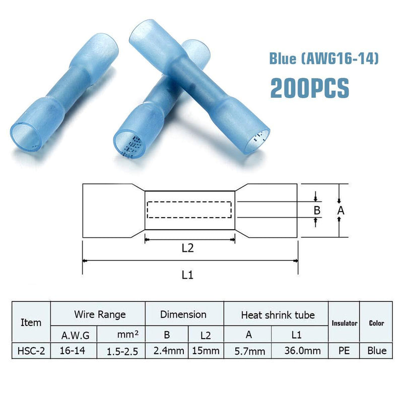200 PCS Heat Shrink Butt Connectors, Qibaok Waterproof Butt Connectors Insulated Electrical Wire Connectors Crimp Connectors Butt Splice Terminal for Automotive Marine Boat Truck Trailer Stereo