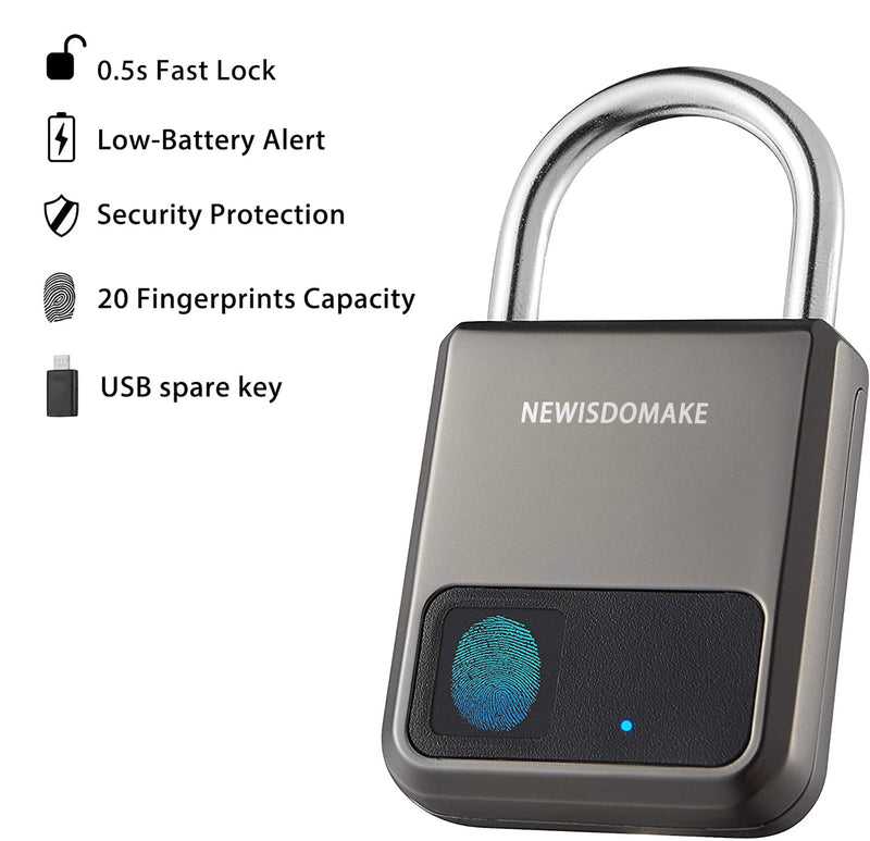 Fingerprint Padlock, Smart Padlock with USB Charging Support, Fingerprint Lock, Biometric Lock Suitable for Luggage, Bookcase, Suitcase, Backpack, Bike, School Locker, Gym Locker Lock(Gray) Gray