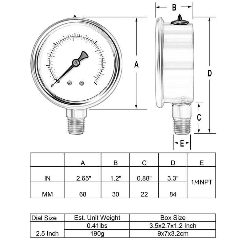 UHARBOUR Glycerin Filled Vacuum Pressure Gauge, 2-1/2" Clear dial,1/4"NPT Bottom Connection, Stainless Steel Case, Brass Movement, Dual Scales -30HG/30PSI （-30HG/30PSI） Lower Mount