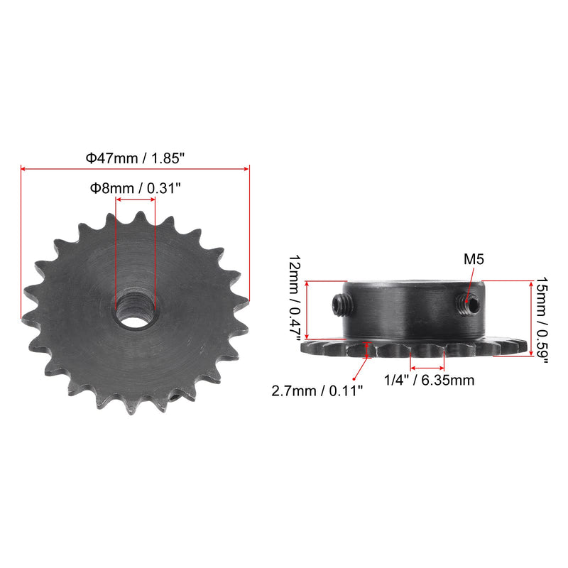 uxcell 22 Tooth Roller Sprocket B Type, 25 Chain, Single Strand 1/4" Pitch, 8mm Bore Black Oxide C45 Carbon Steel with Set Screws for ISO 04C