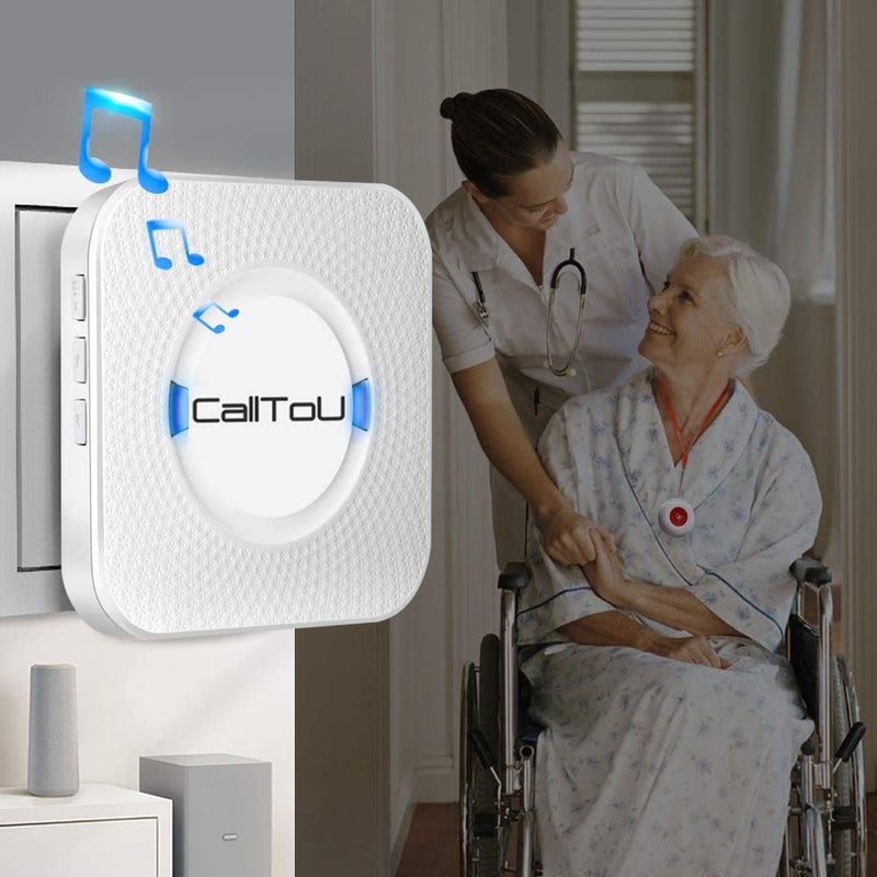 CallToU Wireless Caregiver Pager Smart Call System 2 SOS Call Buttons/Transmitters 2 Receivers/1 Steel Hand Bell Nurse Patient Help for Home/Personal Attention Pager Receiver Alert