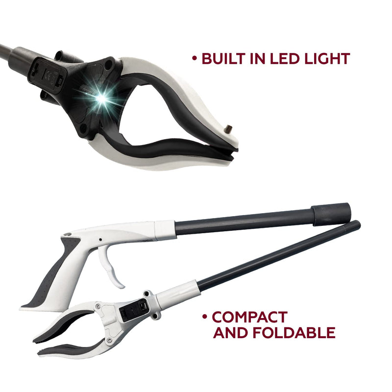 Grabber Reacher Tool-Long 32 Inch (Grey) Aluminum Foldable Pick Up Stick-Strong Grip Shelves LED Light Magnetic Tip, Lightweight Trash Picker Claw Reacher Grabber Tool for Elderly - by Luxet