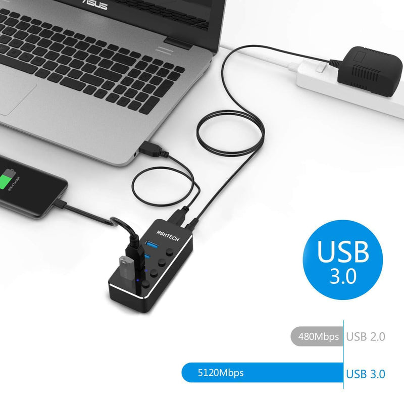 Powered USB hub RSHTECH 4 Port USB C to USB 3.0 Port Hub Expander Aluminum Portable USB 3.0 hub Splitter with 5V AC Adapter and Individual On/Off Switches (RSH-516-C) 4 port powered USB C hub