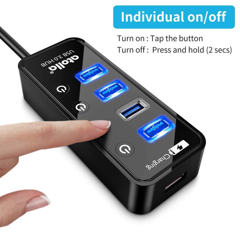 USB 3.0 Hub, atolla 4 Ports Super Speed USB 3 Hub Splitter with On Off Switch with 1 USB Charging Port (Cable Length 2 Feet, No AC Adapter) (4-Port hub)