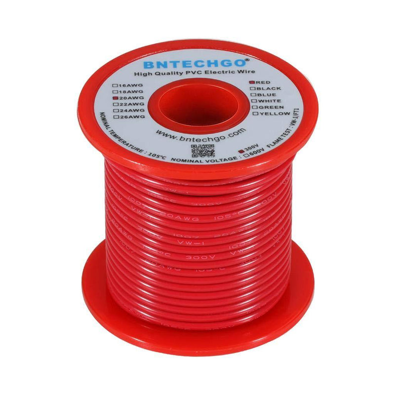 BNTECHGO 20 AWG 1007 Electric Wire 20 Gauge PVC 1007 Wire Solid Wire Hook Up Wire 300V Solid Tinned Copper Wire Red 50 ft Per Reel for DIY 20 Gauge PVC Solid Wire 50ft 20 Gauge PVC Solid Wire Red