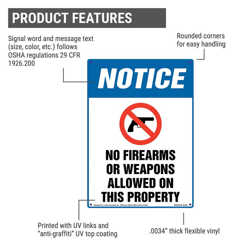 Notice: No Firearms Or Weapons Allowed On This Property Sign - J. J. Keller & Associates - 10" x 14" Permanent Self Adhesive Vinyl with Rounded Corners - Complies with OSHA 29 CFR 1926.200