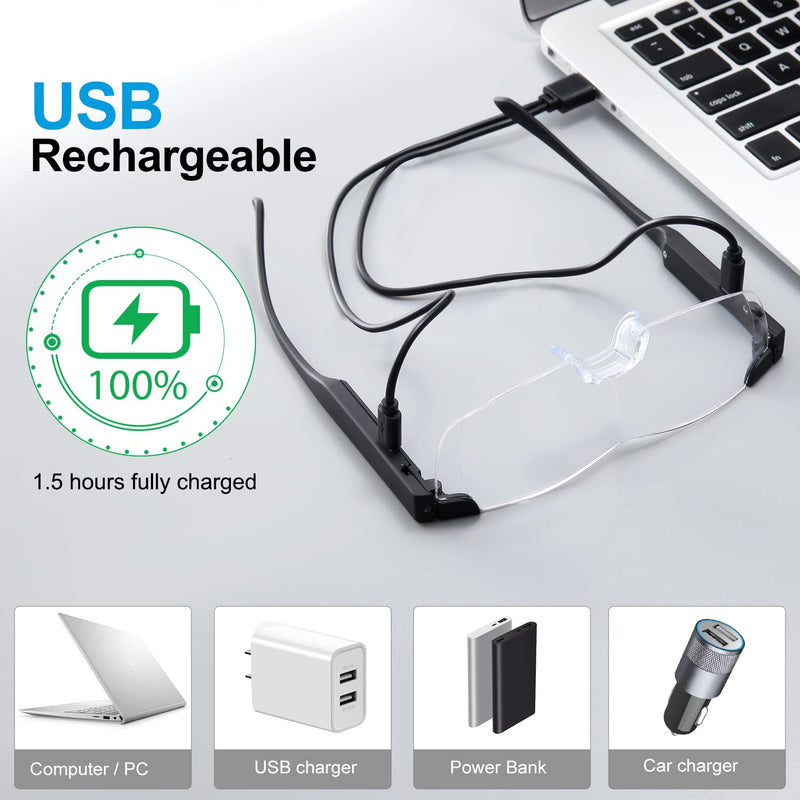 SKYWAY Magnifying Glasses with Light, 160% LED Lighted Rechargeable Magnifier Eyeglasses for Reading Hobbies and Close Work Hands Free Black160