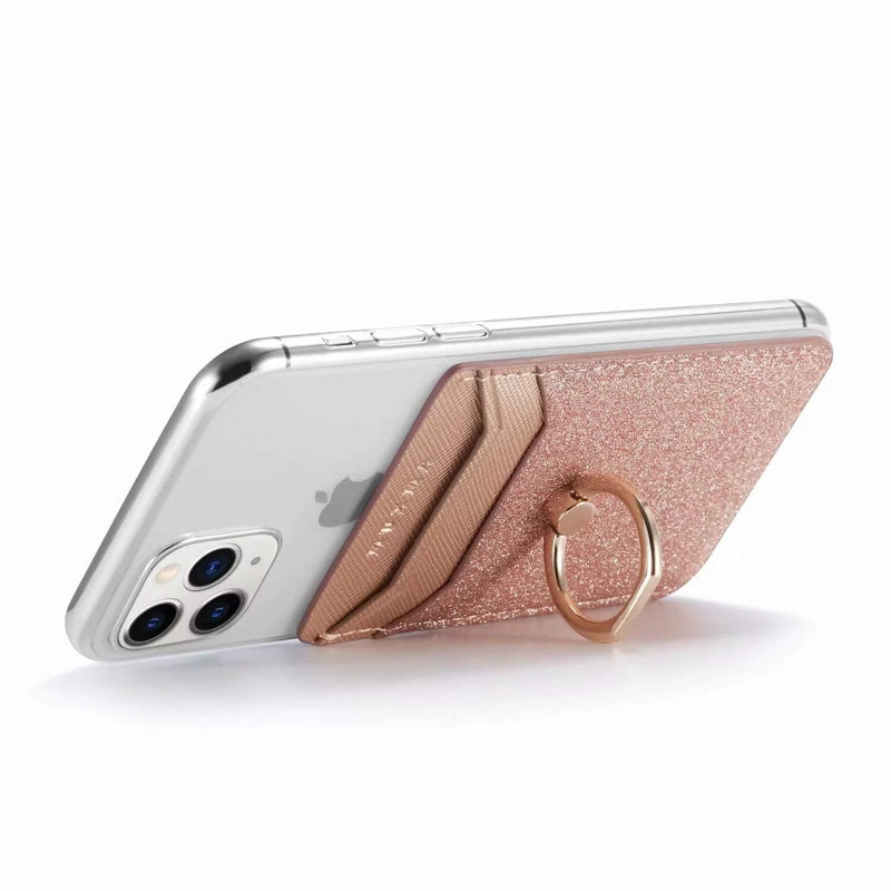 Phone Card Holder RFID Credit Wallet with Kickstand Ring for Women, DMaos 2 Pieces Glitter Sands Wallet Stick-On Back Grip for iPhone Samsung Android and Smartphones - Pink + Gold