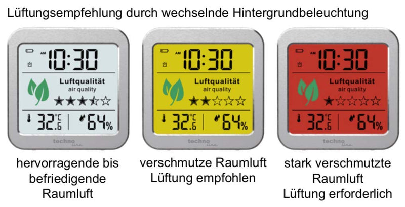 technoline WL1020 air quality monitor for monitoring indoor air quality, successor to the WL1005, temperature display, humidity display, alarm for poor air quality, silver, white single