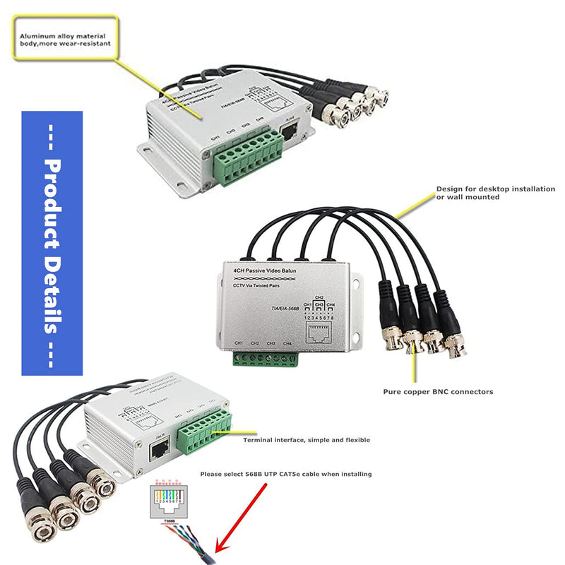 BeElion 4-CH Passive Video Balun HD Transceiver with BNC Connector Cable,BNC to Cat5/5E/6 RJ45(T568B) UTP Cable Converter for 720P/1080P HD-CVI/TVI/AHD CCTV Camera