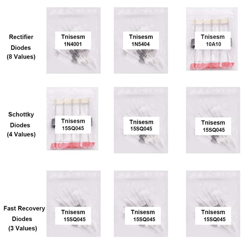 Tnisesm 250 Pcs 16 Values Rectifier/Schottky/Fast Recovery/Switch Diode Assortment Kit,1N4001 1N4004 1N4007 1N5404 1N5406 1N5408 RL207 10A10 1N5817 1N5819 1N5822 15SQ045 UF4007 FR107 FR207 1N4148